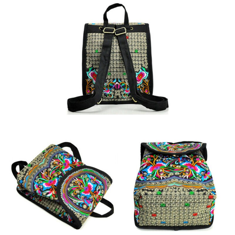 Vintage Floral Peony Embroidery Ethnic Canvas Backpack Women Handmade Travel Bags Schoolbag Backpacks Rucksack