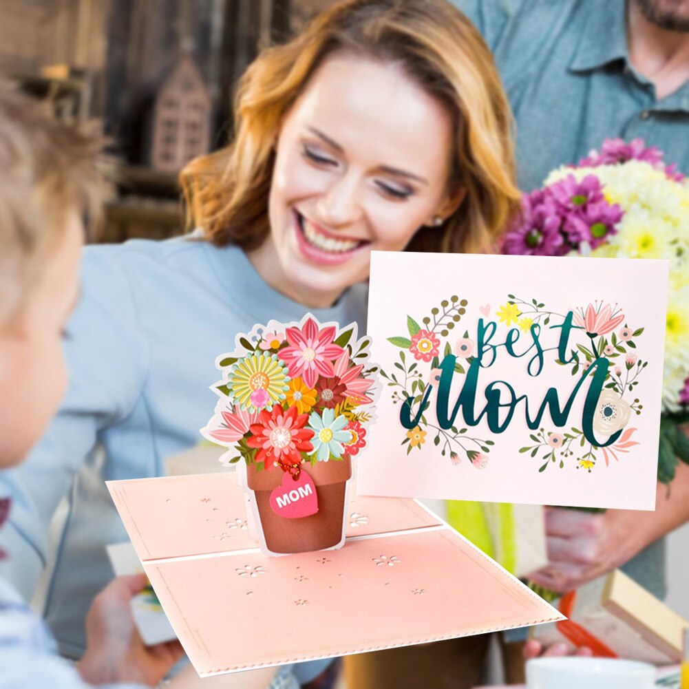 3D Mothers Day Cards Heart Flowers Bouquet Greeting Cards Wedding Anniversary with Envelope Birthday Card For Mom
