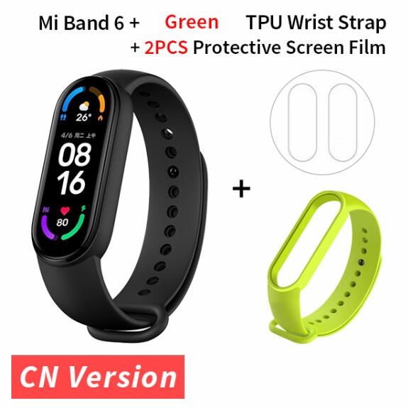 Original Xiaomi Mi banda 6 de oxígeno en la sangre de 1,56 ”AMOLED rastreador de ejercicios Monitor del ritmo cardíaco de la 5 Color inteligente pulsera Miband gota de 6: green strap film