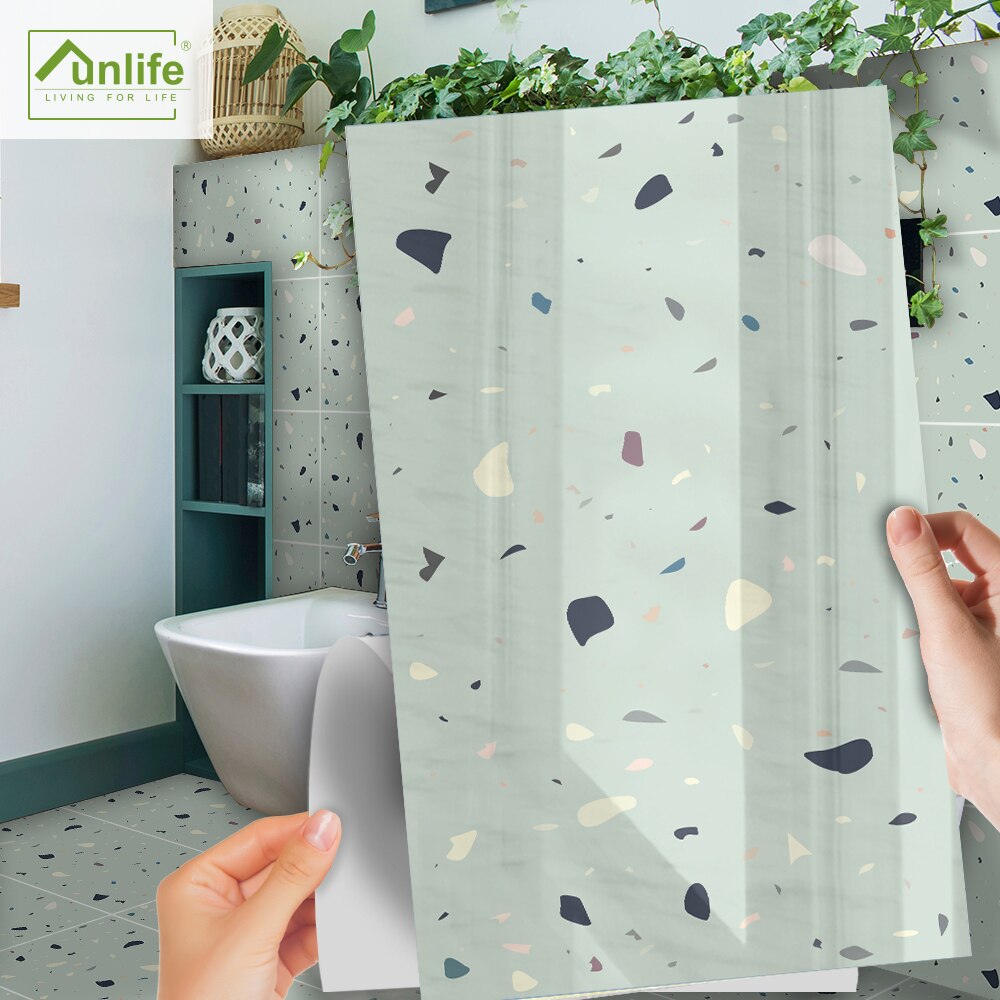 Funlife[R] NOUVELLE MAISON SERIES[TM] 30x60cm Green Terrazzo Waterproof Backsplash Tile Sticker For Floor Kitchen Bathroom Decor: 30x60cmx6pcs 1sqm