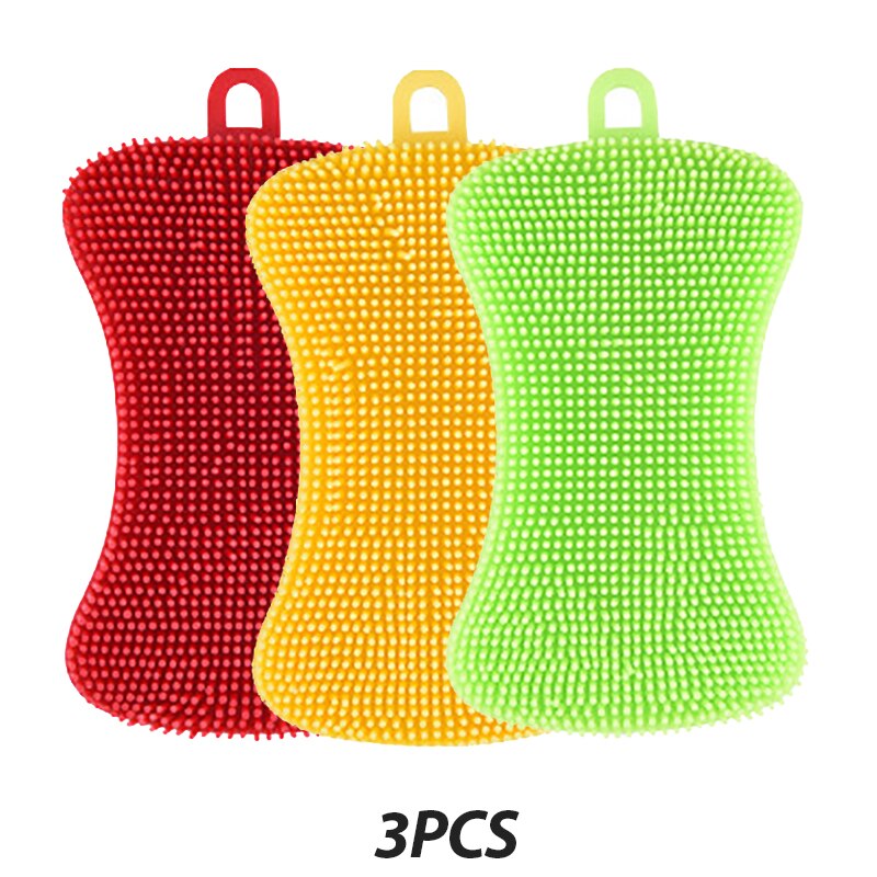 3PCS Silicone Dish Washing Brush Pot Pan Sponge Scrubber Silicone Scouring Pad Fruit Pot Pan Wash Brushes Kitchen Cleaning Tool: 3pcs-B
