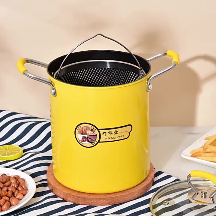 Multifunctional Deep Fryer Frying Pan with Strainer Japanese Style Mini Fryer Yellow for Gas Stove Induction Cooker