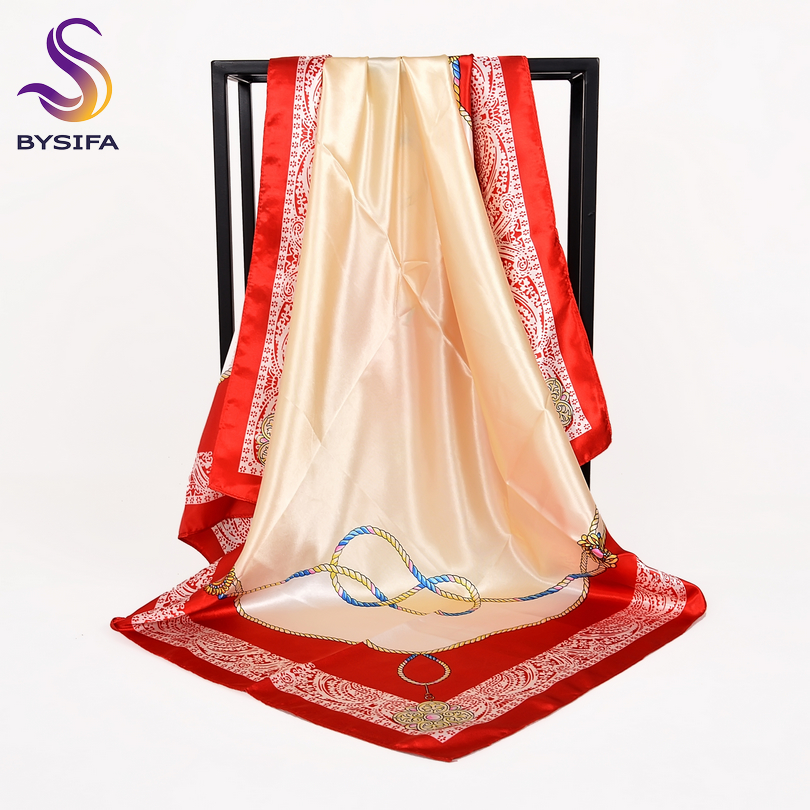 [Bysifa] Herfst Winter Dames Sjaals Accessoires Vrouwen Grote Zijde Vierkante Sjaals Wijn Rood Paisley Moslim Islamitische sjaal