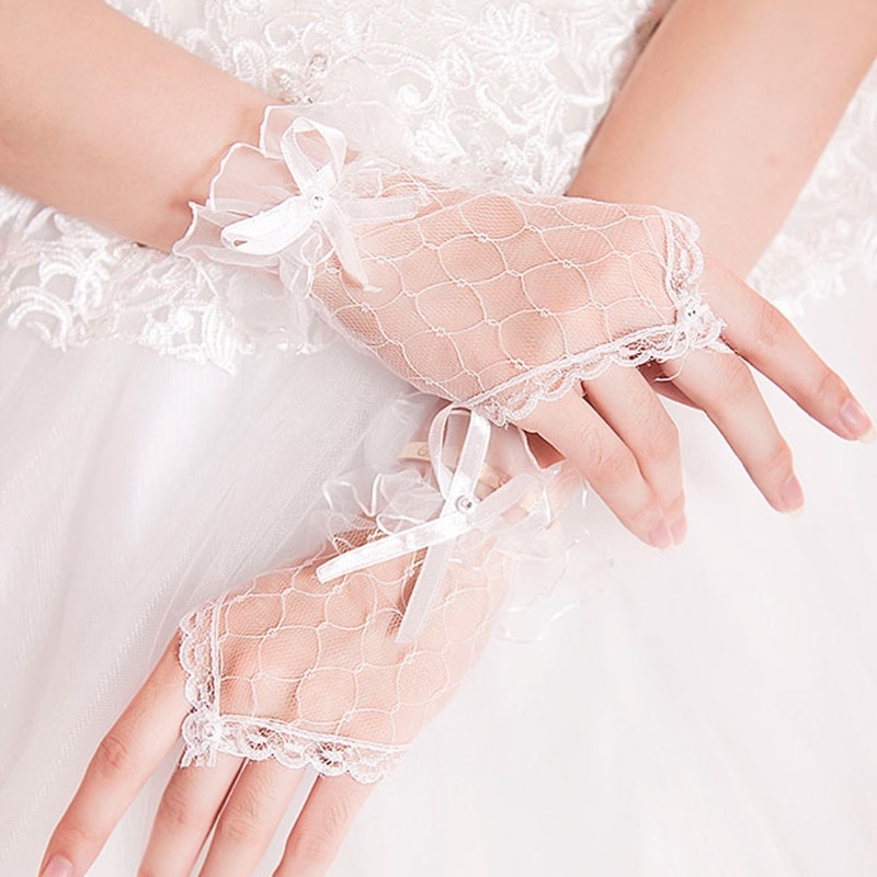 Bridal Lace Netto Garen Strik Handschoenen Zonder Vingers Bruiloft Accessoires