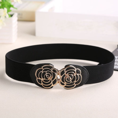 frauen Dame metallisch retro Blume Elastische dehnbar Kleid Schmale Taille Gürtel Band verrotten Blau Schwarz Weiß Rosa: Schwarz