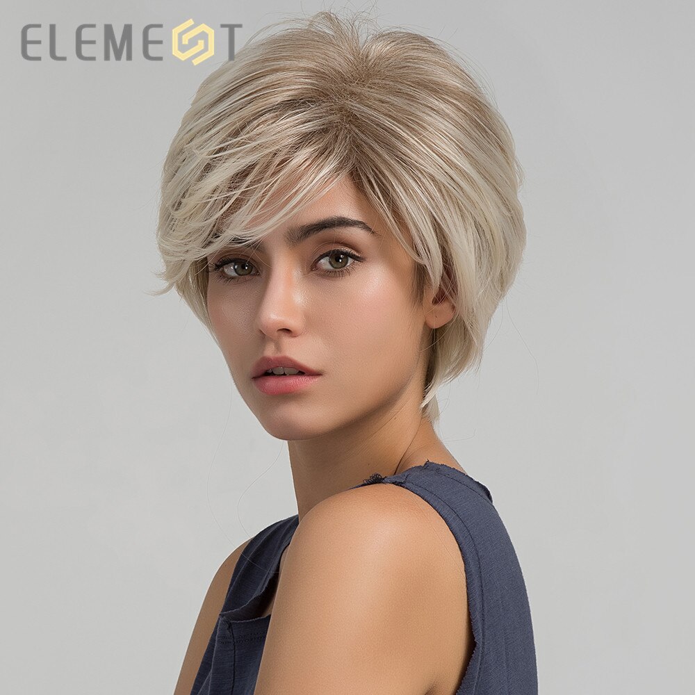 Element Short Straight Ombre Light Brown to Blonde Color Synthetic Pixie Cut Wigs for White/Black Women Daily Wear: ss102-1