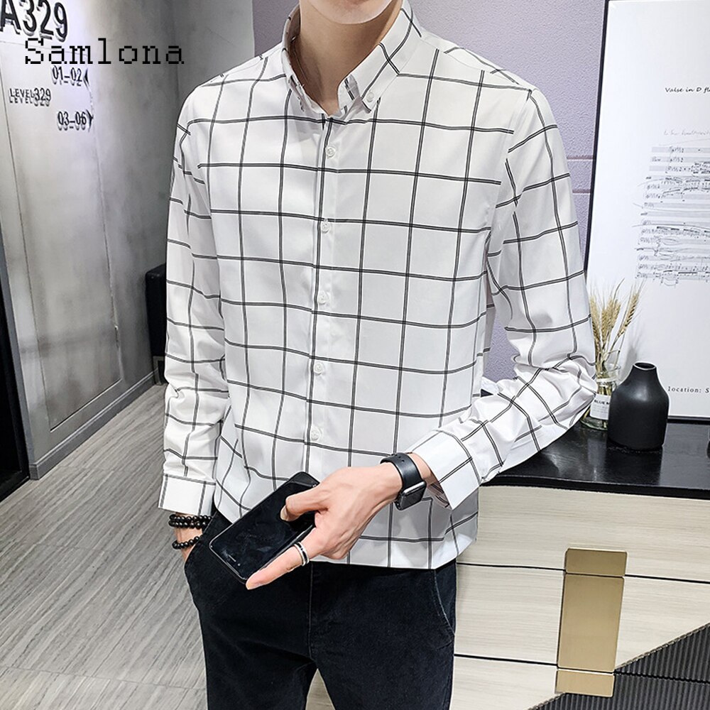 Samlona fritidsskjorte menn sommer rutete skjorter lange armer topper bluse koreansk stil menn single breasted skjorte herre klær