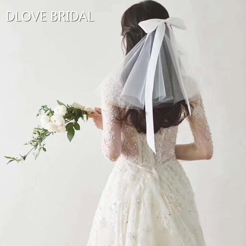 Style mignon court voile de mariée accessoire de mariage deux couches avec nœud en Satin ceinture