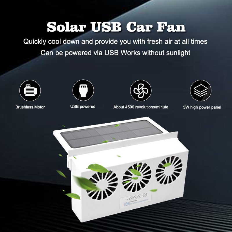 Ventilador solar de tres cabezales para coche, fuente de alimentación móvil, USB, color blanco