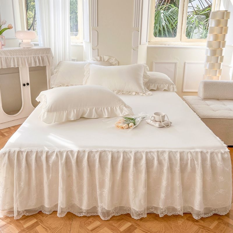 Kanten bedrok en kussensloop, bedomslag, bedsprei, laken, antislip, beschermend, beige, prinses, 3 stuks: 160x200cm / WHITE