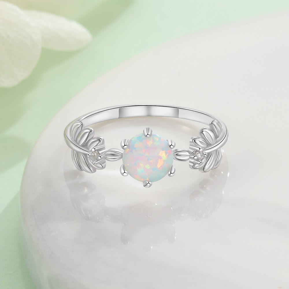 JewelOra Nette Ast Blatt 925 Sterling Silber Hochzeit Ringe für Frauen Silber Runde Weiß Opal Ring mit Zirkonia Schmuck