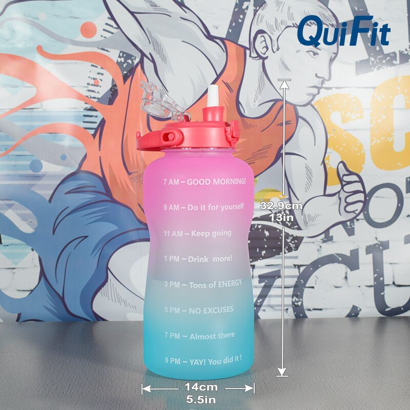 QuiFit water bottle 3.8L bouncing lid gallon water bottle cuptime stamp trigger no BPA, sports phone holder fitness water bottle
