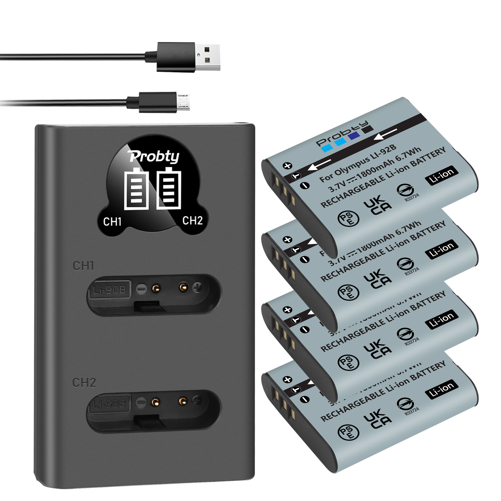 Batería de 1800mAh Li-92B Li-90B DB-110 + cargador para Olympus Tough TG-5 TG-4 TG-6 TG-2 TG-1 SH-1 SH-2 SH-60 SH-5: Blanco