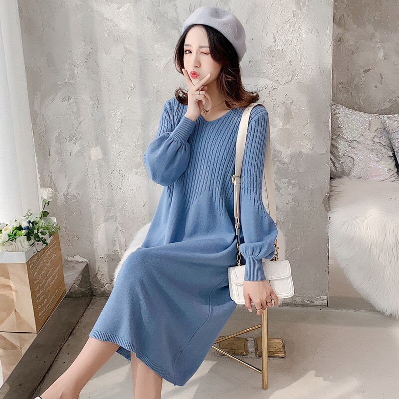 Autumn Winter Korean Knitted Maternity Dress Sweet Lovely Clothes For Pregnant Women Slim Pregnancy