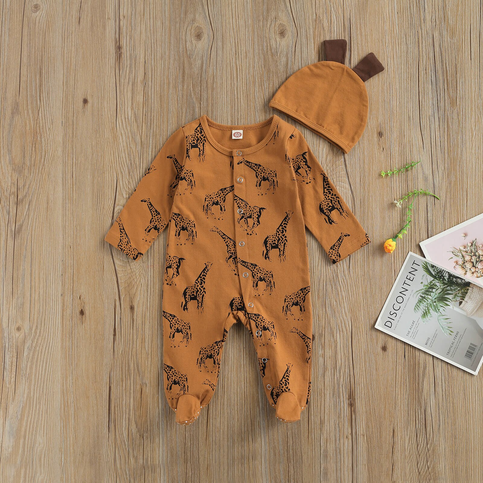 Pudcoco 0-6M Baby Baby Meisje Jongen Lente 2 Stuks Set Giraffe Print Lange Mouwen Footie + Gewei cap Koffie/Wit Pasgeboren Outfit