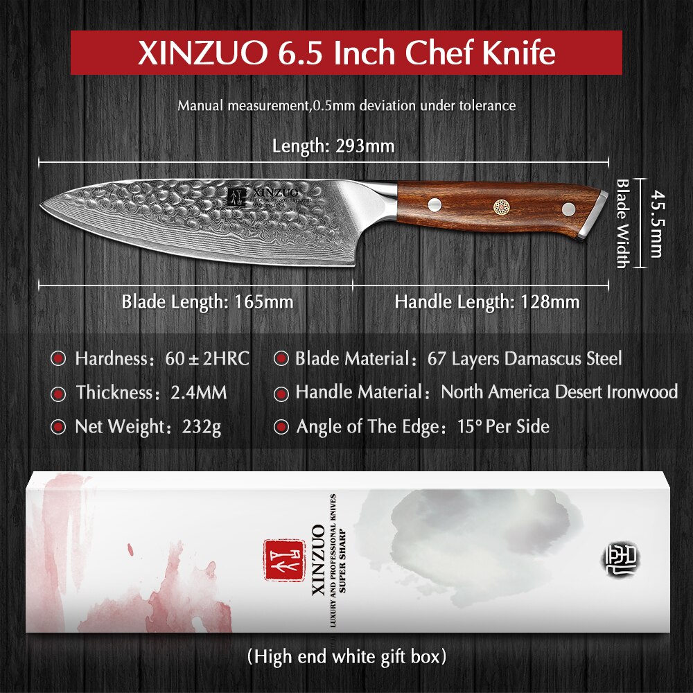 Xinzuo 6.5 " kokkeknive japansk  vg10 damaskus stål sushi kokkekniv køkken skære grøntsager kokkeknive