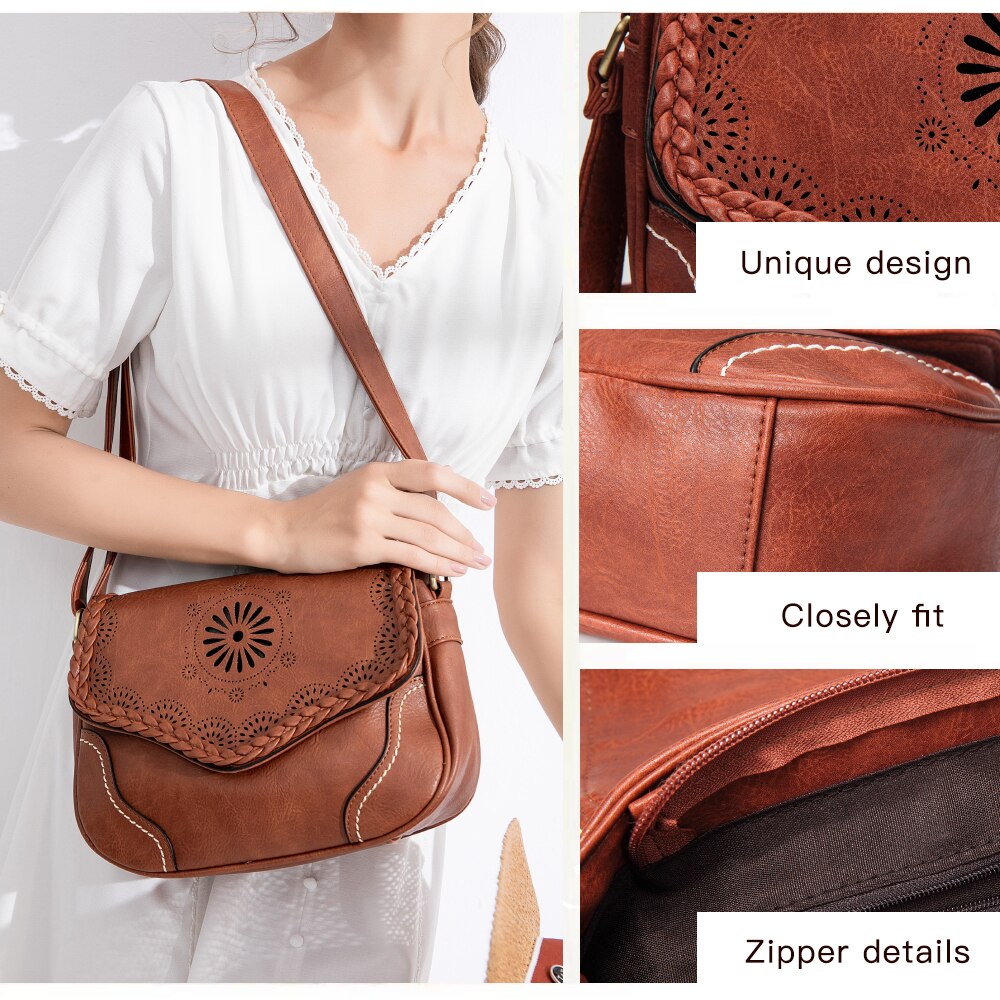 Annmouler Frauen Schulter Tasche Vintage Pu Leder Umhängetasche Aushöhlen Damen Satchel Tasche Braun Retro Handtasche für Mädchen