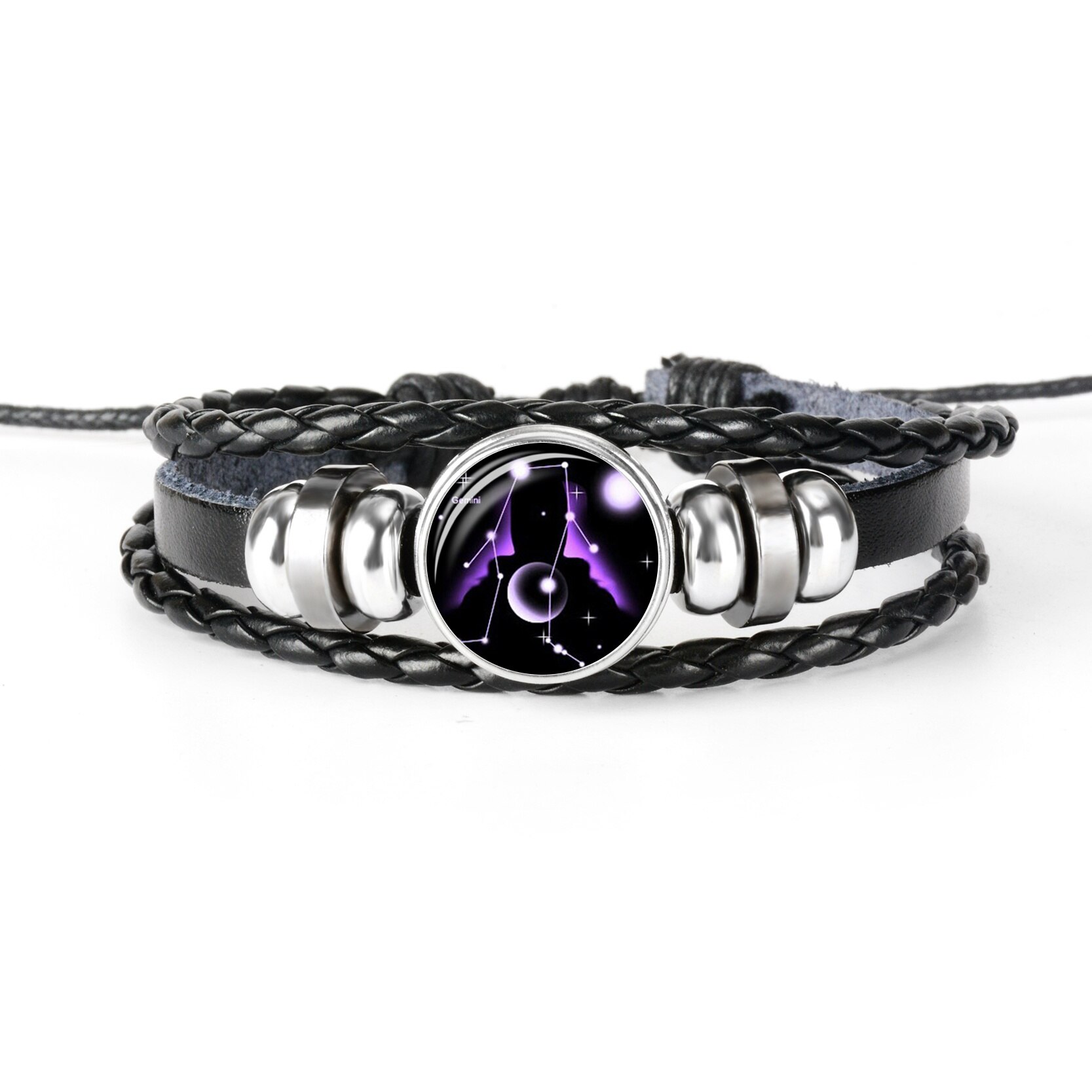 Zodiac Bracelet Charm Diy Jewelry Constellation Glass Metal Buckle Black Multilayer Leather Bracelet Women Men: Gemini