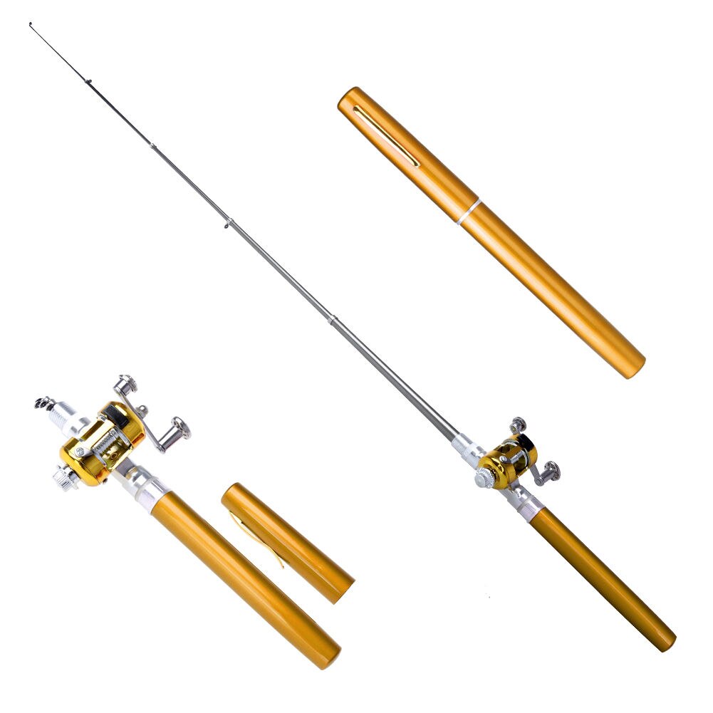 Draagbare Pocket Vis Pen Telescopische Mini Hengel Aluminium Hengel Met Reel Wiel Ultralight Spinning Vis: golden