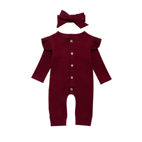 Combinaison manches longues pour -né | 0-24M, pour bébé garçon fille, combinaison en coton, bandeau, 2 pièces, vêtements pour bébé: Wine Red / 24M