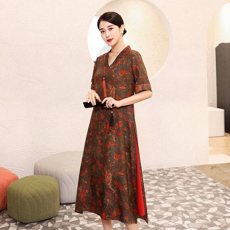Vestido chino Cheongsam de mujer impresión moderna de manga corta Vestidos Midi señoras Ropa de talla grande 4XL Vestidos Chinos: 1 / 4XL
