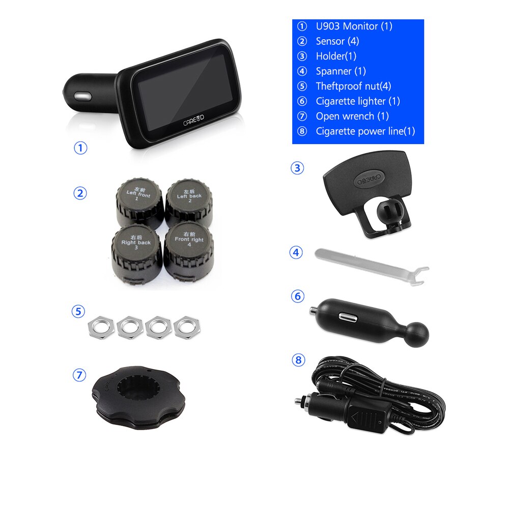 U903 Car TPMS Tire Pressure Monitoring System Four External Wireless TPMS Sensor Tool Monitor Diagnostic Tool cigarette lighter