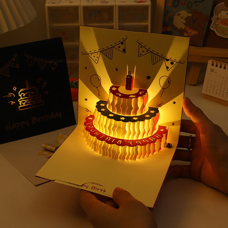 3D Birthday Cake Cards with Music Light Happy Birthday Pop-Up Greeting Postcards with Envelope Invitations For Kid Girl