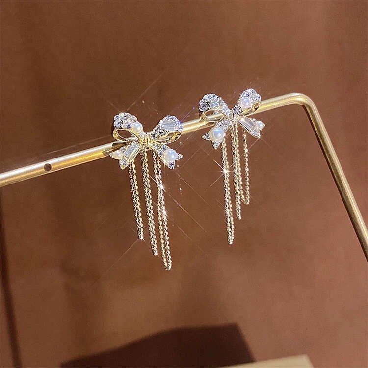 2022 New Rhinestone Pearl Bow Tassel Earrings Women&#39;s Fashion Temperament Stud Earrings Wedding Jewelry Birthday Present