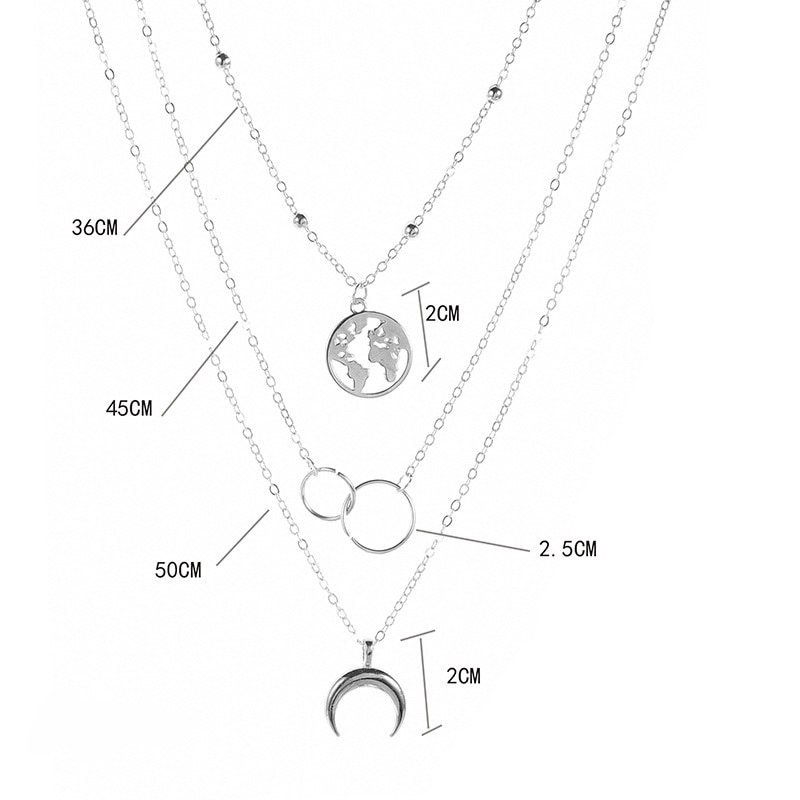 Multi-Layer Moon World Map Pendant Necklace For Women Gold Silver Color Necklaces Female Jewelry