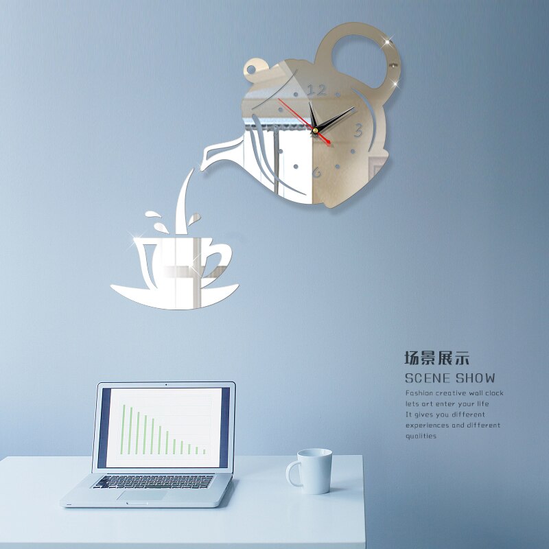 Diy 3D Teapot Wall Clock For Acrylic Coffee Cup, Kitchen Decorative Wall Clock, Wall Clocks For Living Room WJ10: silver
