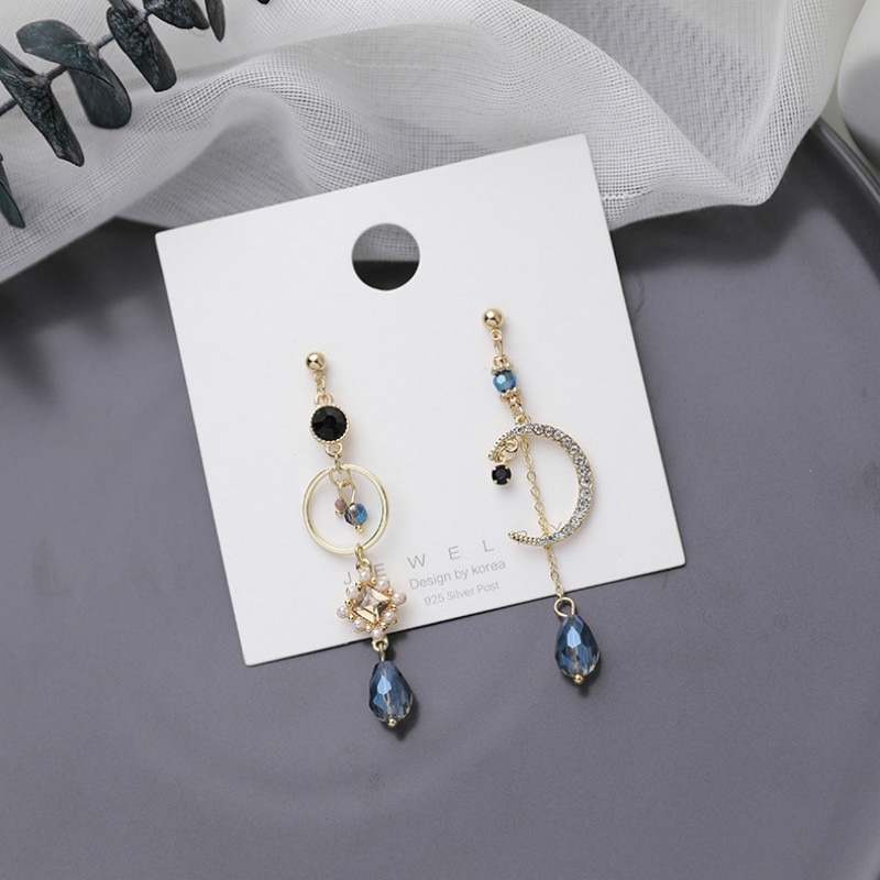 Vintage blå krystal moon fringe drop øreringe til kvinder asymmetriske drop ørering luksus smykker