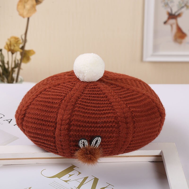 Dames hoeden en petten baret hoed muts dames herfst winter warme muts muts femme bontbal konijn wollen gebreide muts: Koffie