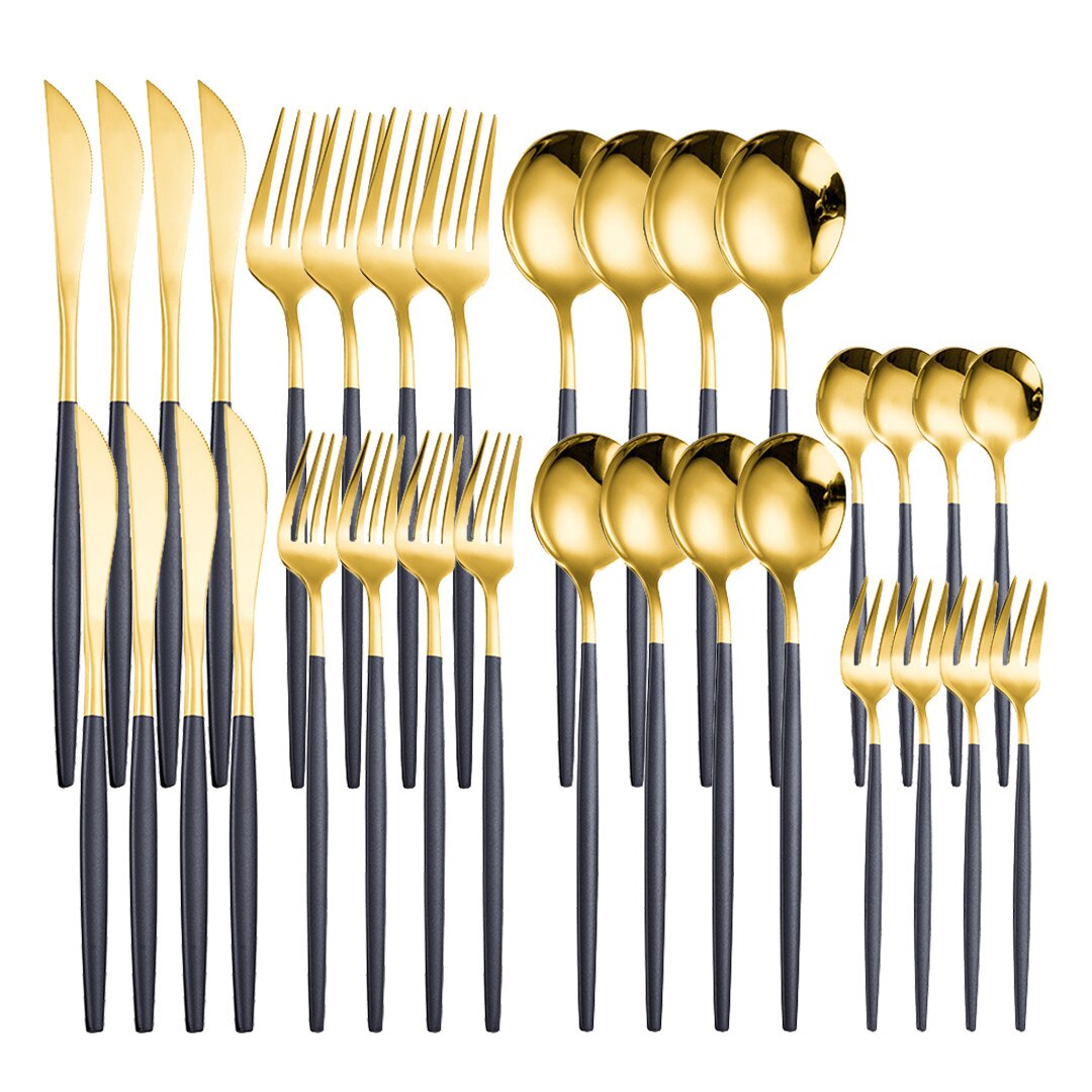 Pink Gold 32Pcs Cutlery Set Stainless Steel Dinnerware Mirror Resueable Luxury Home Knife Spoon Fork Tableware Set Flatware Set: black gold 4sets