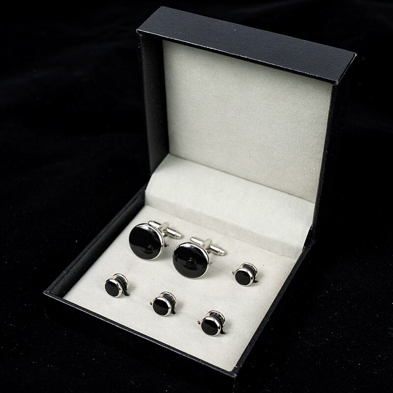 Classical Black Tuxedo Cufflinks and Studs Set with Box Enamel Round Shape Cuff Button For Mens Suit French Shirt Business