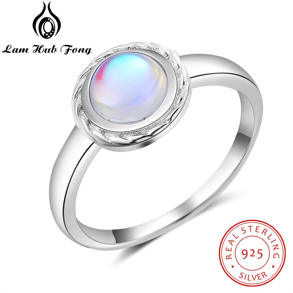 Frauen 925 Sterling Silber Ringe mit 6mm Runde Regenbogen Natürliche Mondstein Jahrgang Hochzeit Party Edlen Schmuck (Lam Hub Fong)