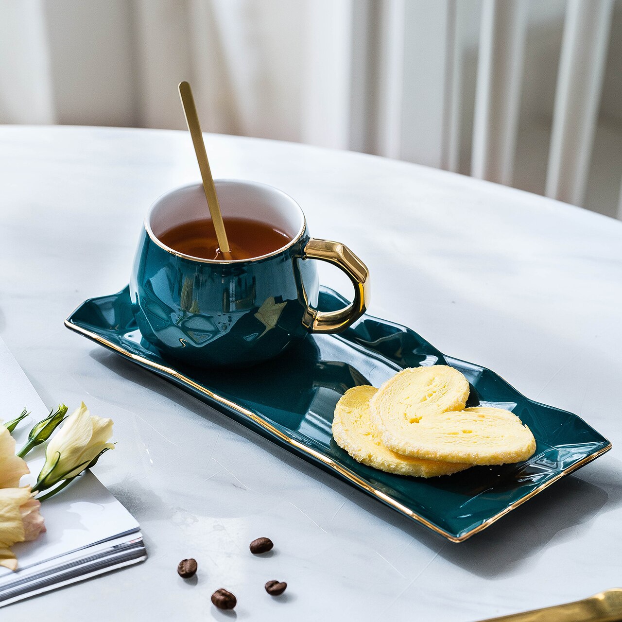 Juegos de tazas de café verde, con esterilla y cucharas, tapa de Taza de cerámica, juegos de cubiertos de leche para el desayuno, caja de para cumpleaños de San Valentín