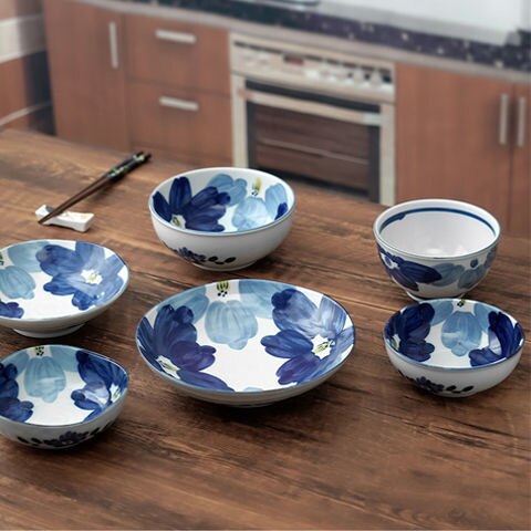 Japanese-style tableware set with blue dyed flowers, bowls and plates, Japanese rice bowls, plates and soup bowls dishes