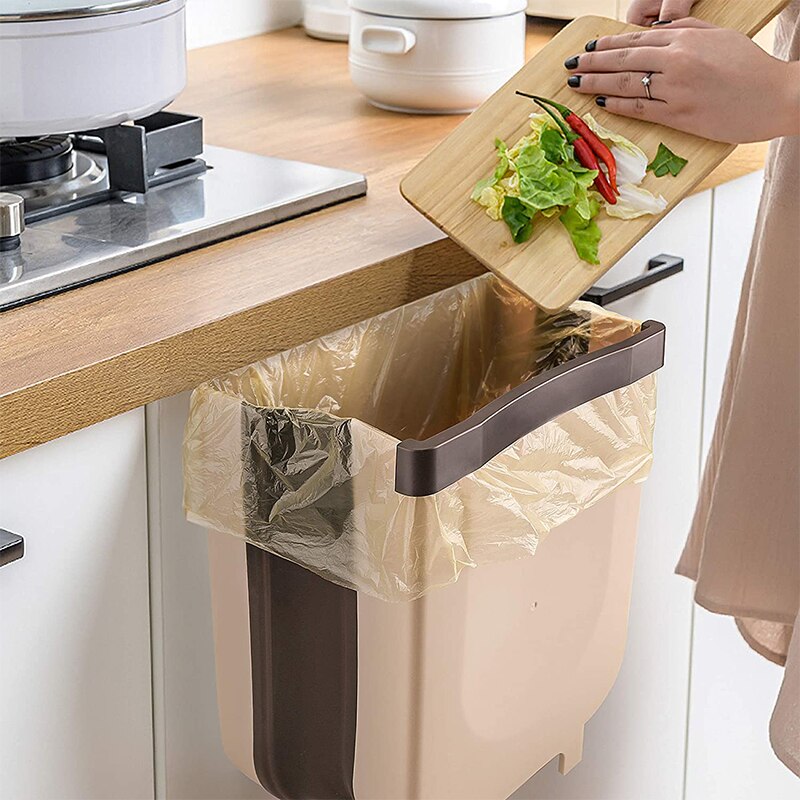 Collapsible Hanging Waste Bin, Kitchen Food Garbage Bucket, Under Countertop Sink Rubbish Accessories: Brown / 10L