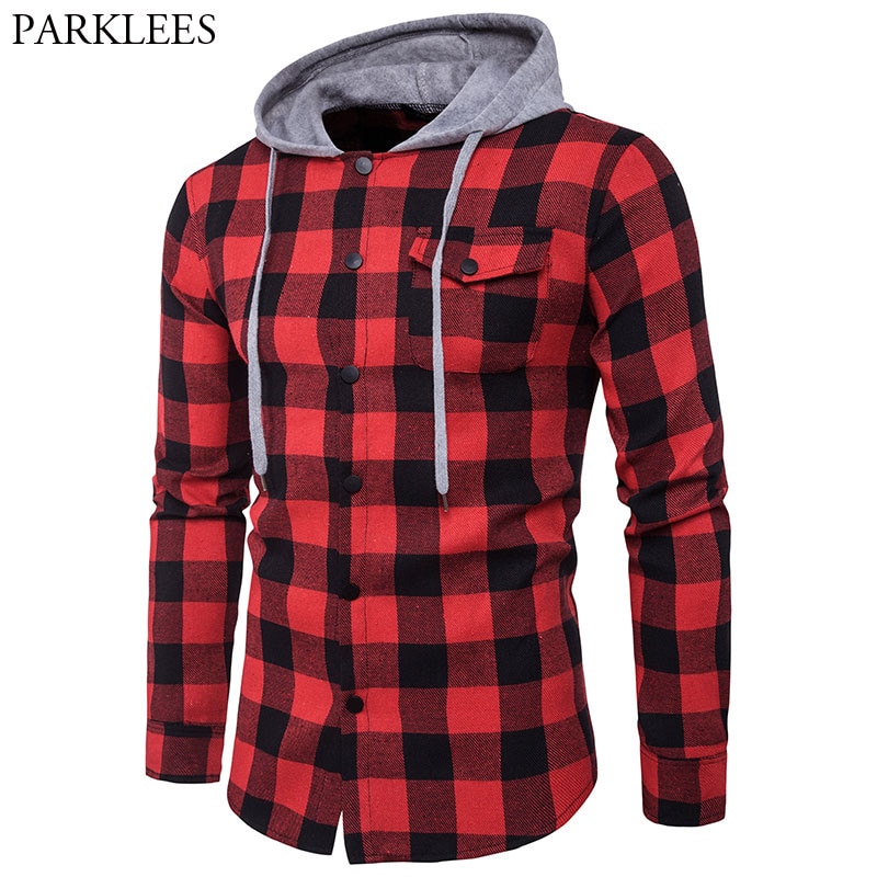 Camisa con capucha a cuadros para hombre, ropa de manga larga, ajustada e informal, con bolsillos y botones en la parte delantera, color rojo y negro, 2XL