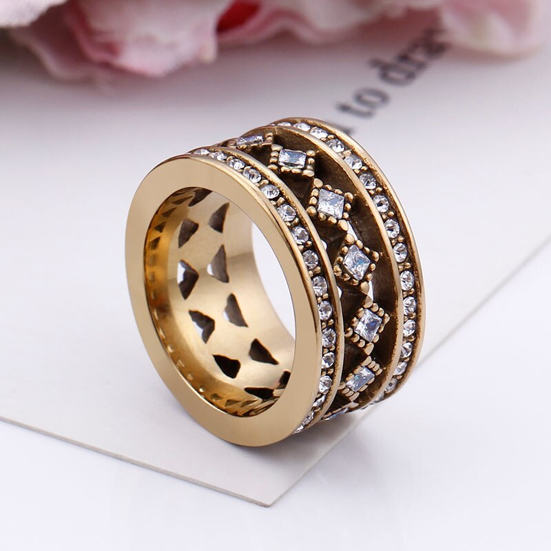 Edelstahl Jahrgang Gold Farbe Breiten Ring Stapeln CZ Steine Hochzeit Ring für Frauen Partei Schmuck 12mm