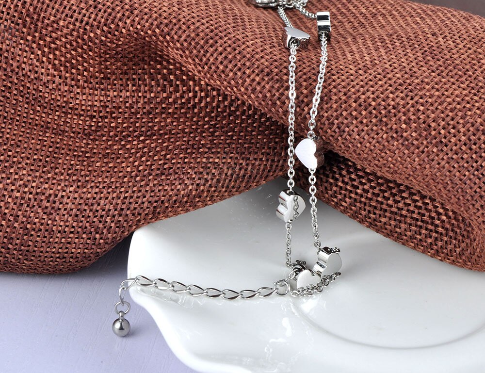 Heart Charm Double Layers Bracelet Bangle For Women Stainless Steel Link Chain Bohemia Summer Beach Jewelry B19018