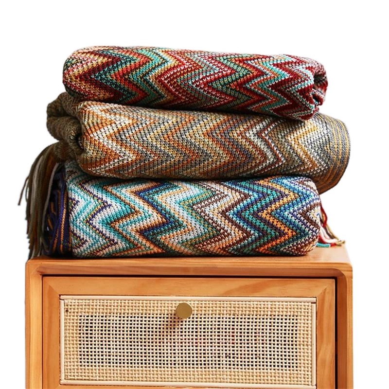 Boheme akryl strikket stribet tæppe blødt plaid tæppe sofa dekorative tæpper med kvast tæpper til sengetæppe