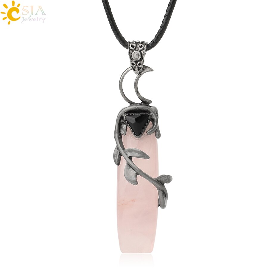 CSJA Antique Silver Color Pendant Necklaces Natural Crystal Stones Leaves Winding Faceted Rectangle Long Pendants Women Men G587: Rose Quartz Rope