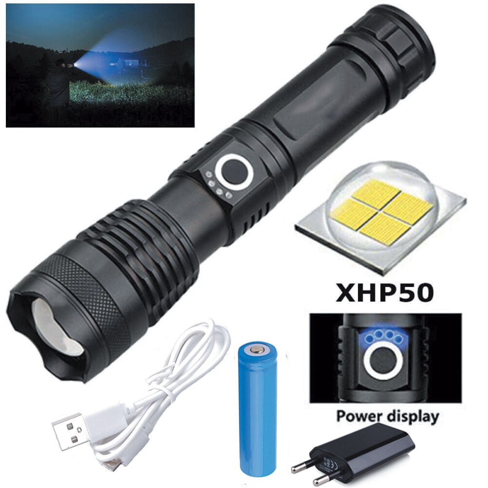 XHP50 USB Rechargeable Flashlight Torch Super Powerful LED Flashlight Waterproof Lamp Ultra Bright Lantern Camping: p50 18650 Batteries