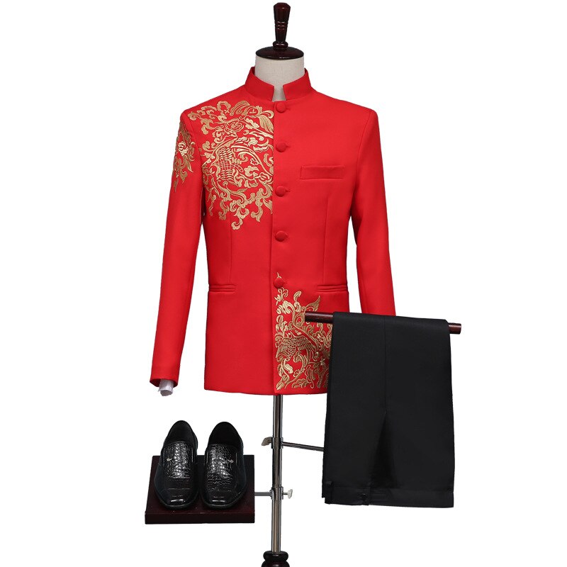 Chinese Style Wedding Suit Jacket Men Embroidery Patterns chinese Tang suit Mandarin Collar Suit Chinese Tunic Suit Top+Pants