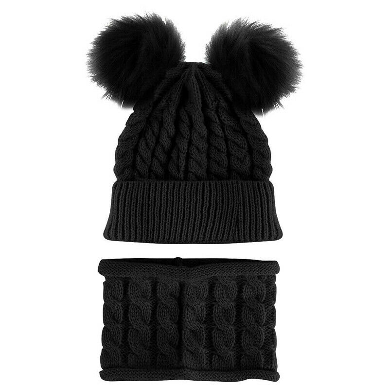 Kit de Gorro con pompón para niño y niña, gorro de punto cálido para invierno, conjunto de bufanda con dos pompones, d88: Black