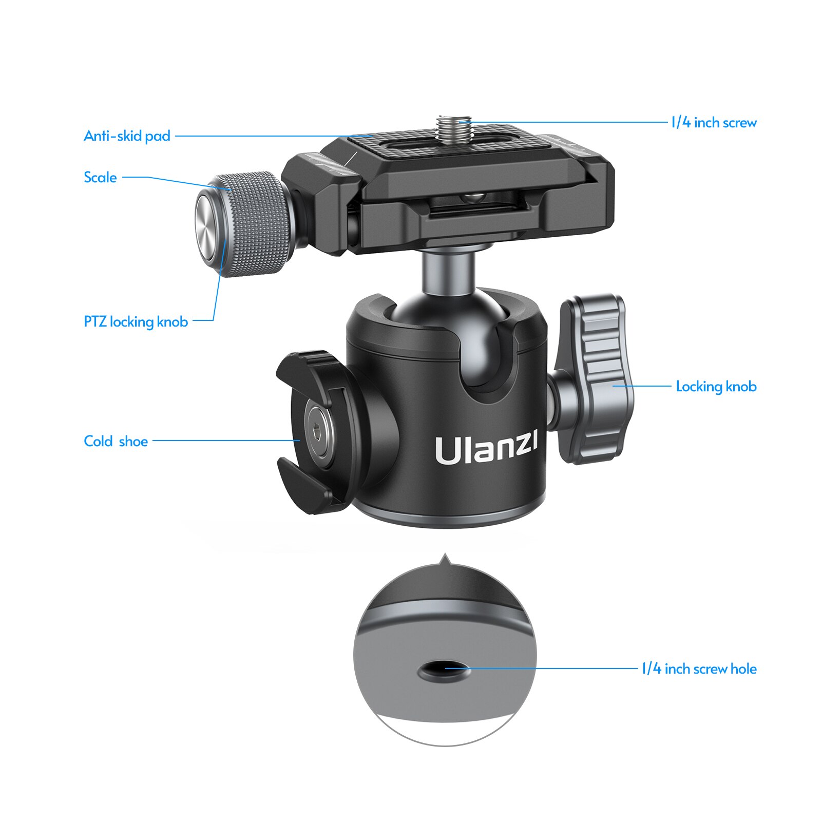 Ulanzi-rótula de bola Arca Swiss Zapata fría lateral con placa de liberación rápida, montaje de tornillo de 1/4 pulgadas para cámaras DSLR ILDC
