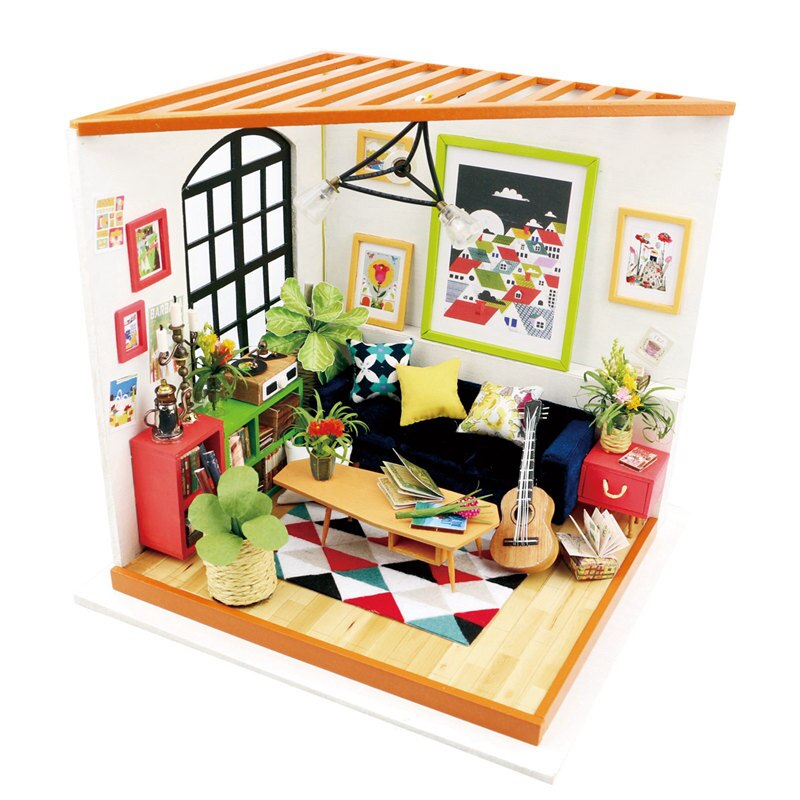 Robotime 15 Kinds DIY House with Furniture Children Adult Miniature Wooden Doll House Model Building Kits Dollhouse Toy: Locus Sitting room