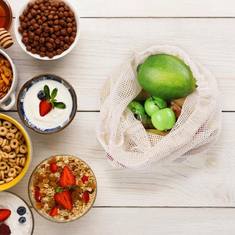 9Pcs Organic Cotton Mesh Produce Bags Reusable Washable Storage Drawstring Bag for Shopping, Grocery,Fruit Vegetable