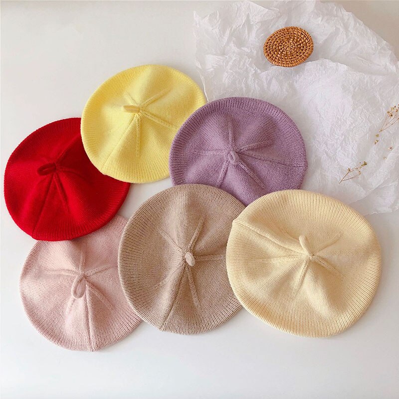 Gorros coreanos para bebé, Boina de Color sólido para niñas, Boina de punto Vintage para otoño e invierno, gorro de pintor artístico para niños
